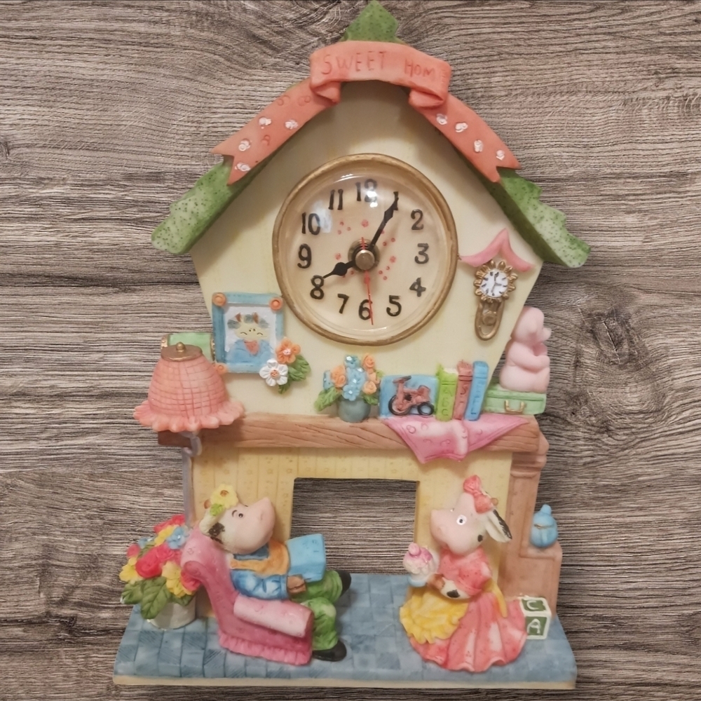 "Sweet Home"Vtg Cow Family Mantel Clock Figurine '11'H